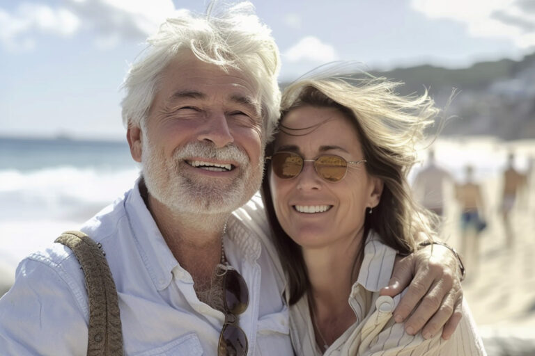 British Expat Couple smiling, beach background