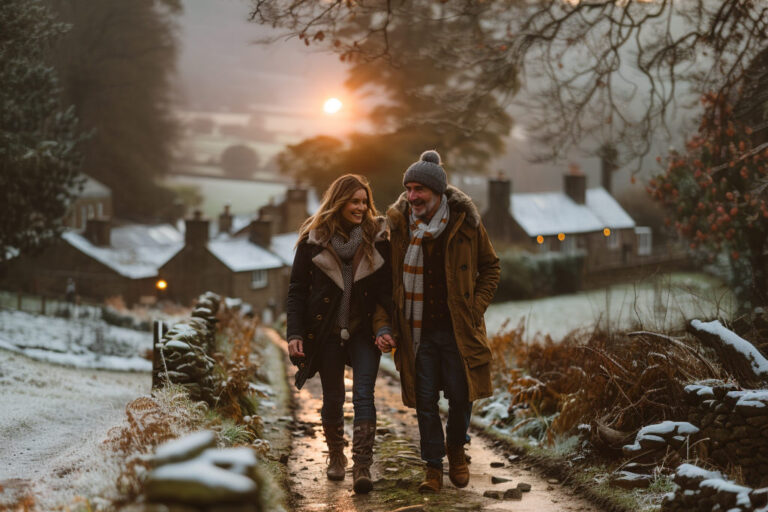 Couple walking in lake district in winter