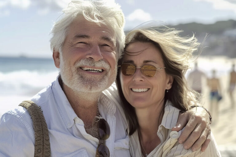 British Expat Couple smiling, beach background